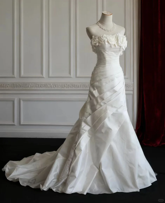 Vintage White Satin Strapless Floral Bodice Mermaid with Train Wedding Dress DP7650