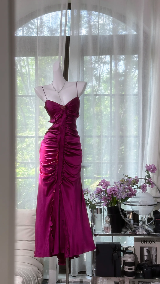 Vintage Burgundy Spaghetti Strap Pleated Mermaid Prom Dress Evening Dress DP6354