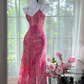 Retro Pink V-neck Floral Elegant Chiffon Evening Dress Prom Dresses DP6146