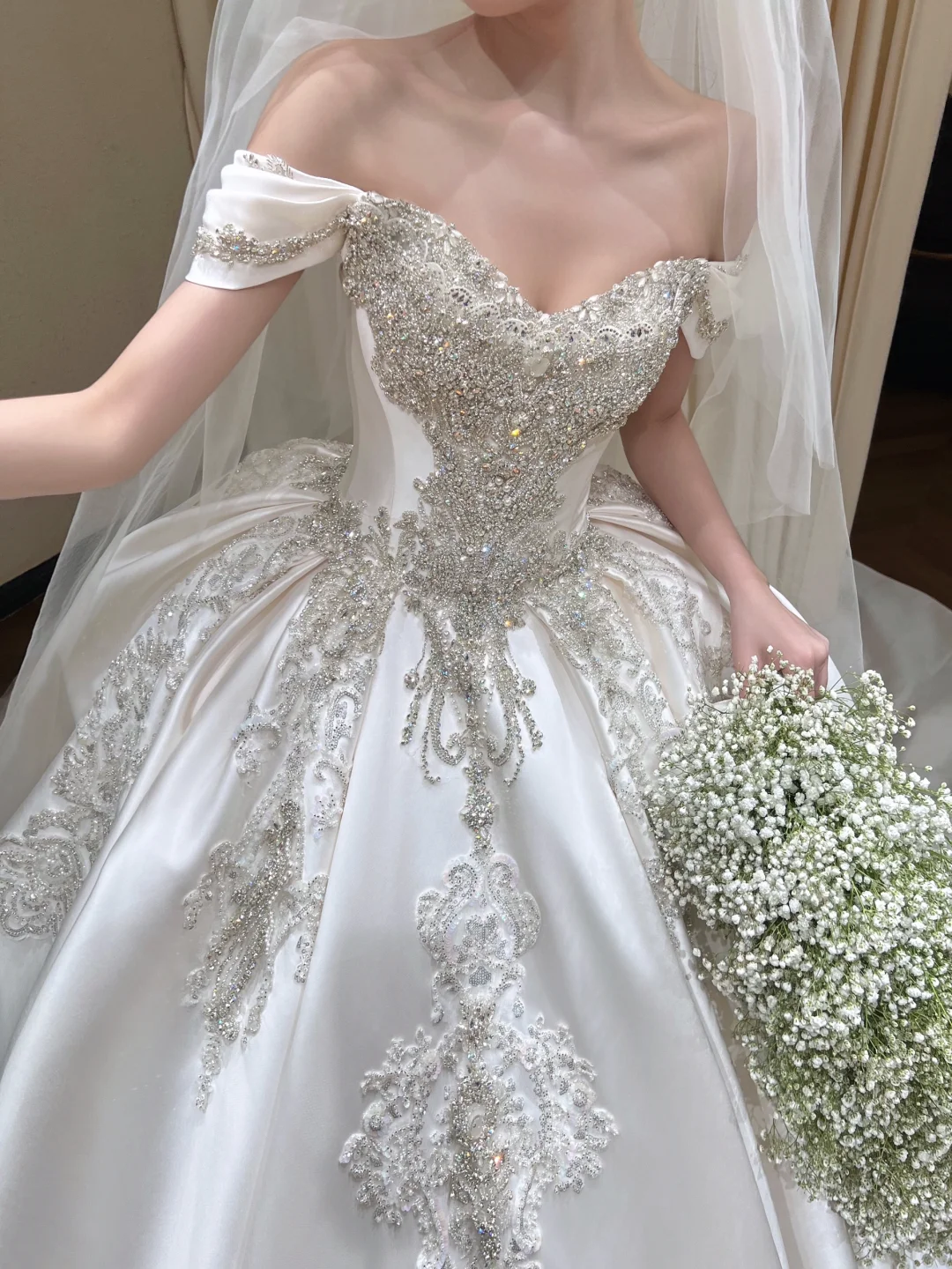 Glamorous Satin Beaded Off-Shoulder Wedding Dress A-Line Applique Bridal Gown DP7124