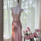 Vintage Pink Spaghetti Strap Mermaid Satin Prom Dress Evening Dress DP6363
