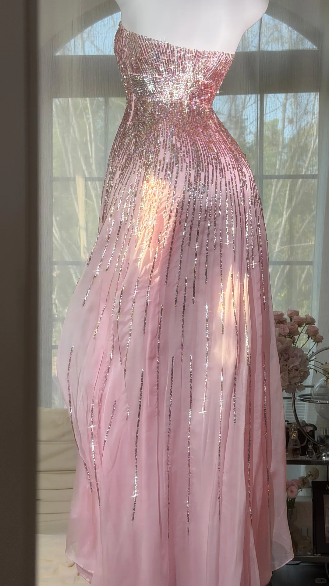 Elegant Pink Strapless Sequin Mermaid Ruffled Tulle Evening Dress Prom Dress DP8118