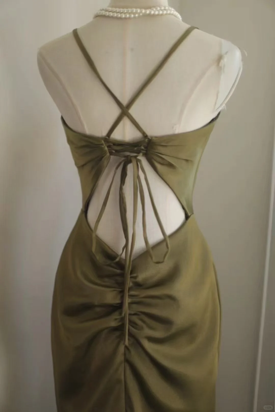Glamorous Olive Green Satin Spaghetti Strap Deep V-Neck Mermaid with Train Prom Dress DP7651