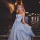 Elegant Strapless Sweetheart Ice Blue Glitter Evening Gown Prom Dress with High Slit DP8141