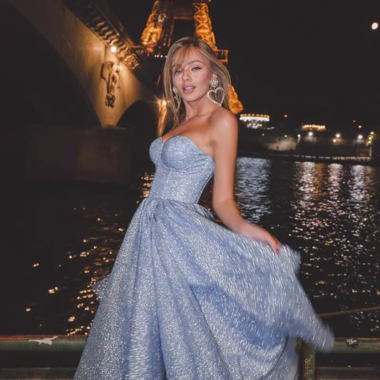 Elegant Strapless Sweetheart Ice Blue Glitter Evening Gown Prom Dress with High Slit DP8141