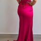 Robe de soirée longue fourreau en satin rose à col en cœur et perles, DP4535