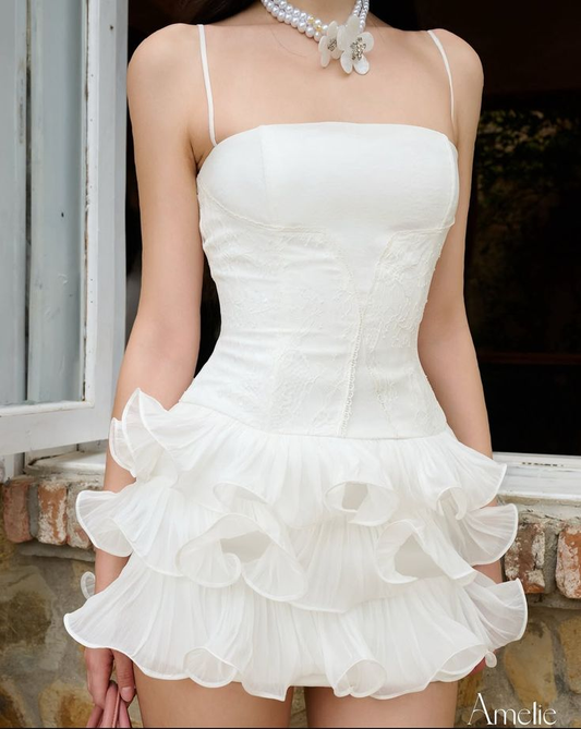 Vintage White Spaghetti Strap Lace Corset Tiered Ruffle Chiffon A-Line Homecoming Dress DP8678