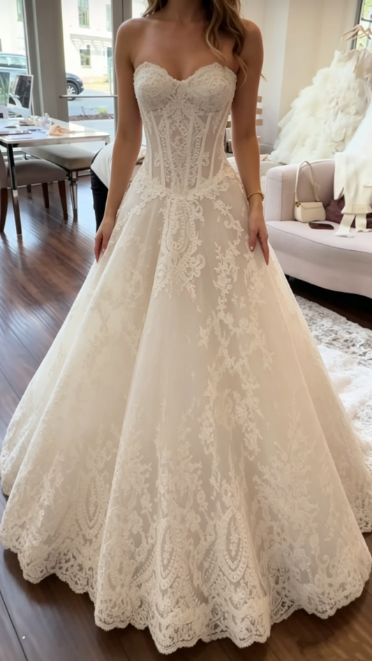 Romantic Strapless Lace Corset Sweetheart A-Line Wedding Dress DP8435