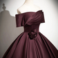 Dark Burgundy Satin Elegant A-Line Off Shoulder Evening Gown Formal Party Dress, DP2467