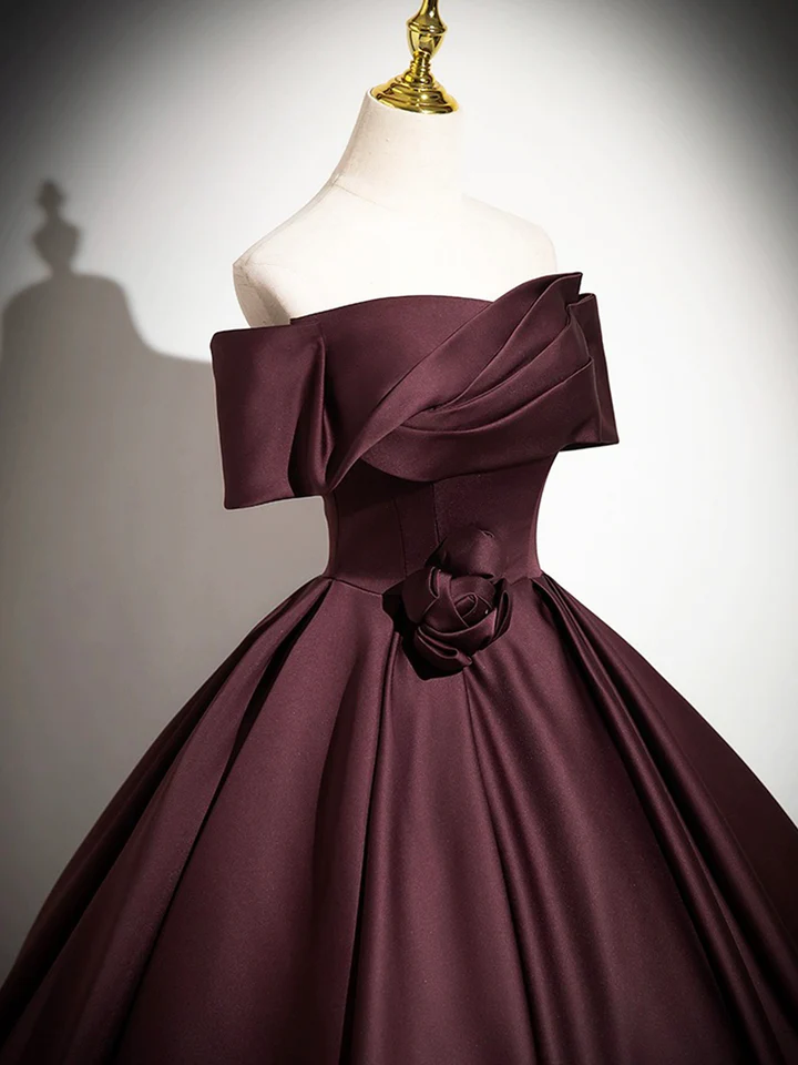 Dark Burgundy Satin Elegant A-Line Off Shoulder Evening Gown Formal Party Dress, DP2467