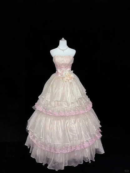 Glamorous Pink Lace Applique 3D Rose Strapless Tulle Sweet 16 Quinceanera Ball Gown DP7355