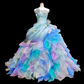 Enchanting Pastel Rainbow Strapless 3D Floral Applique & Ruffled Tulle Sweet 16 Quinceanera Ball Gown DP7274