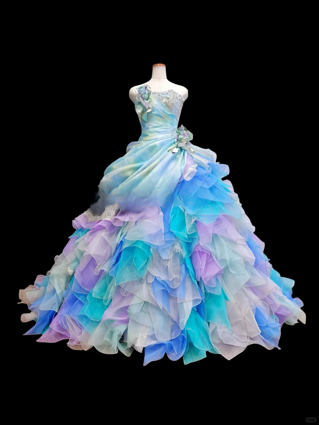 Enchanting Pastel Rainbow Strapless 3D Floral Applique & Ruffled Tulle Sweet 16 Quinceanera Ball Gown DP7274
