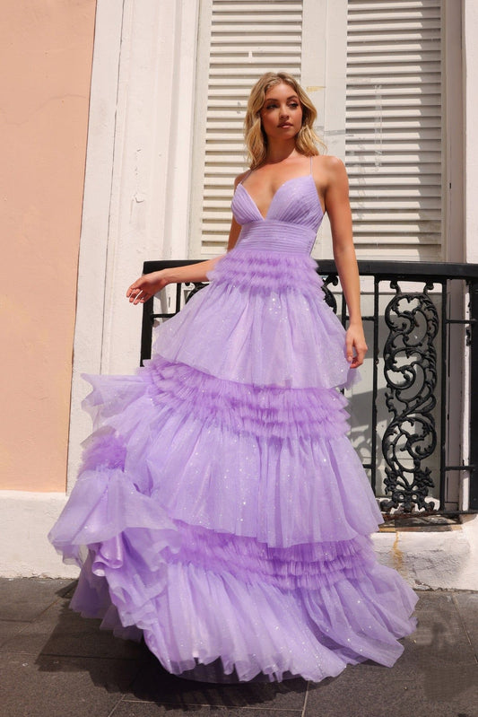 Glamorous Lavender Glitter Tulle Tiered Ruffles Spaghetti Straps Prom Dress DP8185