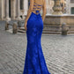 Elegant Spaghetti Strap Mermaid Floral Appliqué Prom Gown DP8178