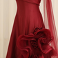 Elegant Burgundy Chiffon Ruffled Floral A-Line Strapless Evening Gown DP7211
