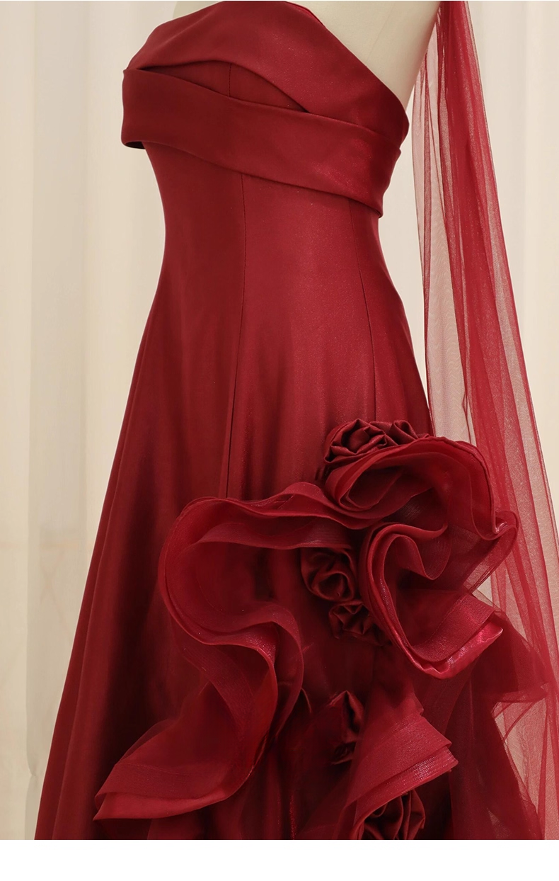 Elegant Burgundy Chiffon Ruffled Floral A-Line Strapless Evening Gown DP7211