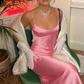 Pink Spaghetti Straps Satin Long Party Dress Wedding Guest Dress, DP3385
