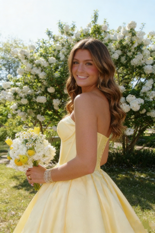 Vintage Sunny Yellow Strapless Sweetheart Satin Sweet 15 Quinceanera Ball Gown DP8009