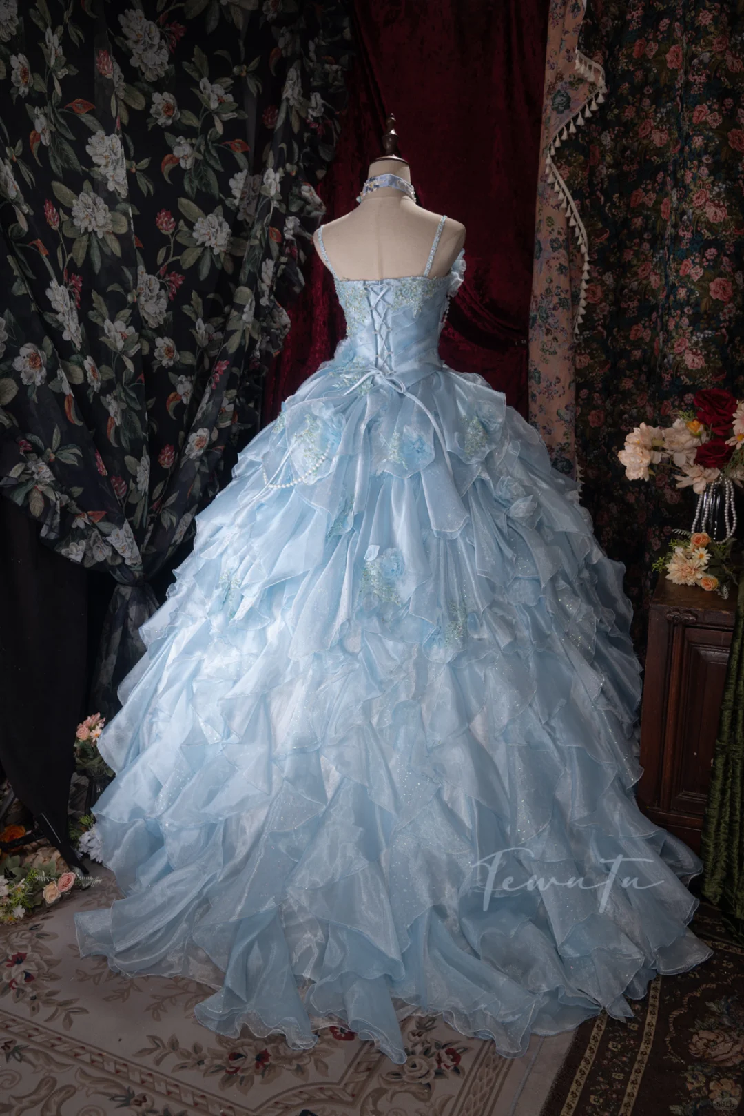 Glamorous Light Blue Spaghetti Strap Tiered Ruffles Ball Gown DP8344