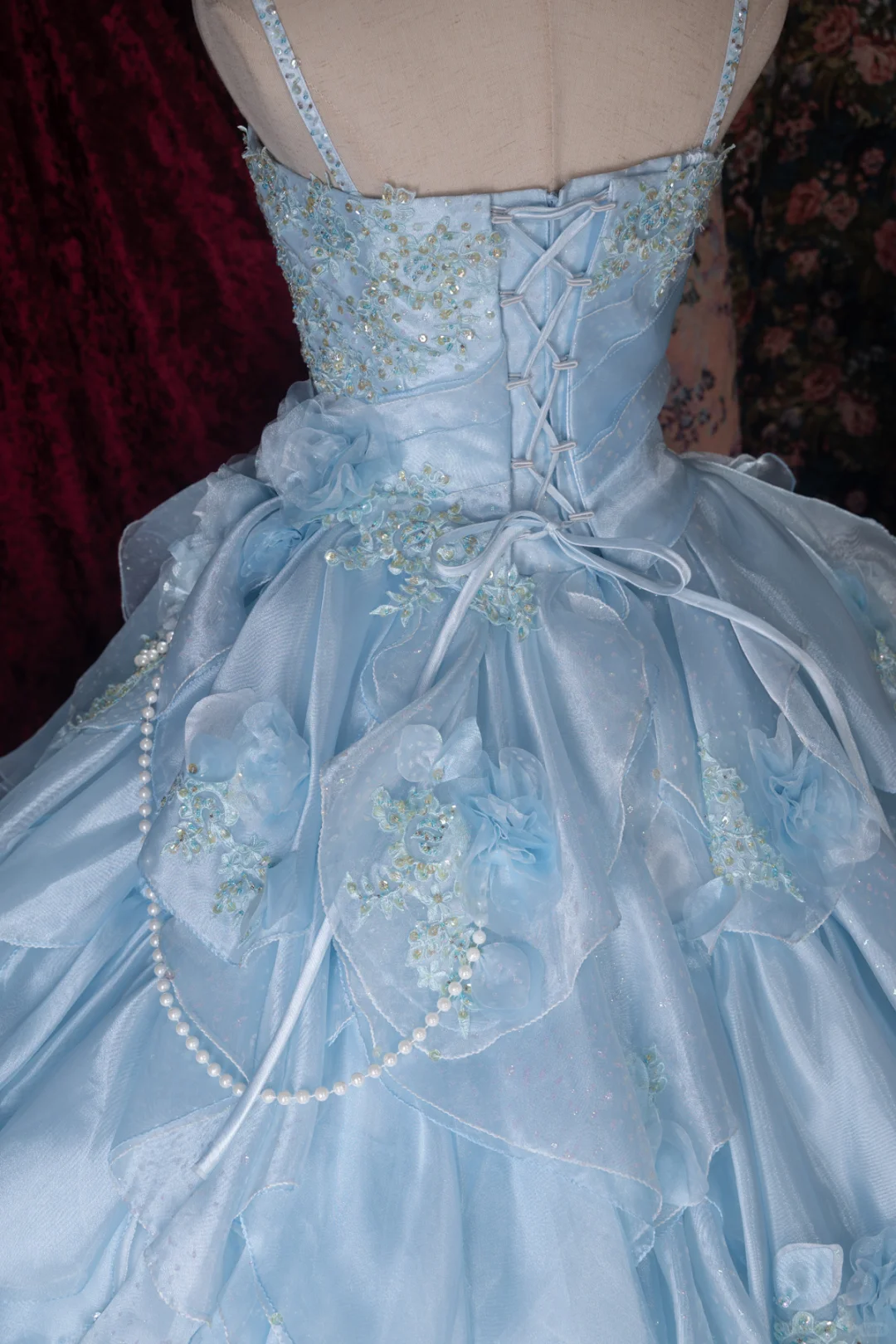 Glamorous Light Blue Spaghetti Strap Tiered Ruffles Ball Gown DP8344