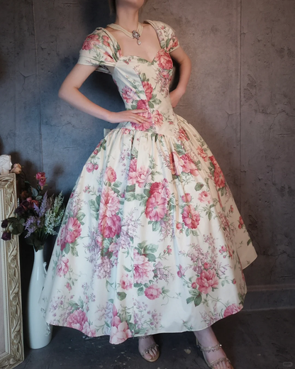Vintage Sweetheart Floral Design Romantic Short-sleeved Evening Dress Prom Dress  DP6057