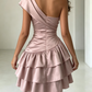 Elegant Pink One-Shoulder Satin Ruched Tiered Ruffle A-Line Homecoming Dress DP8692