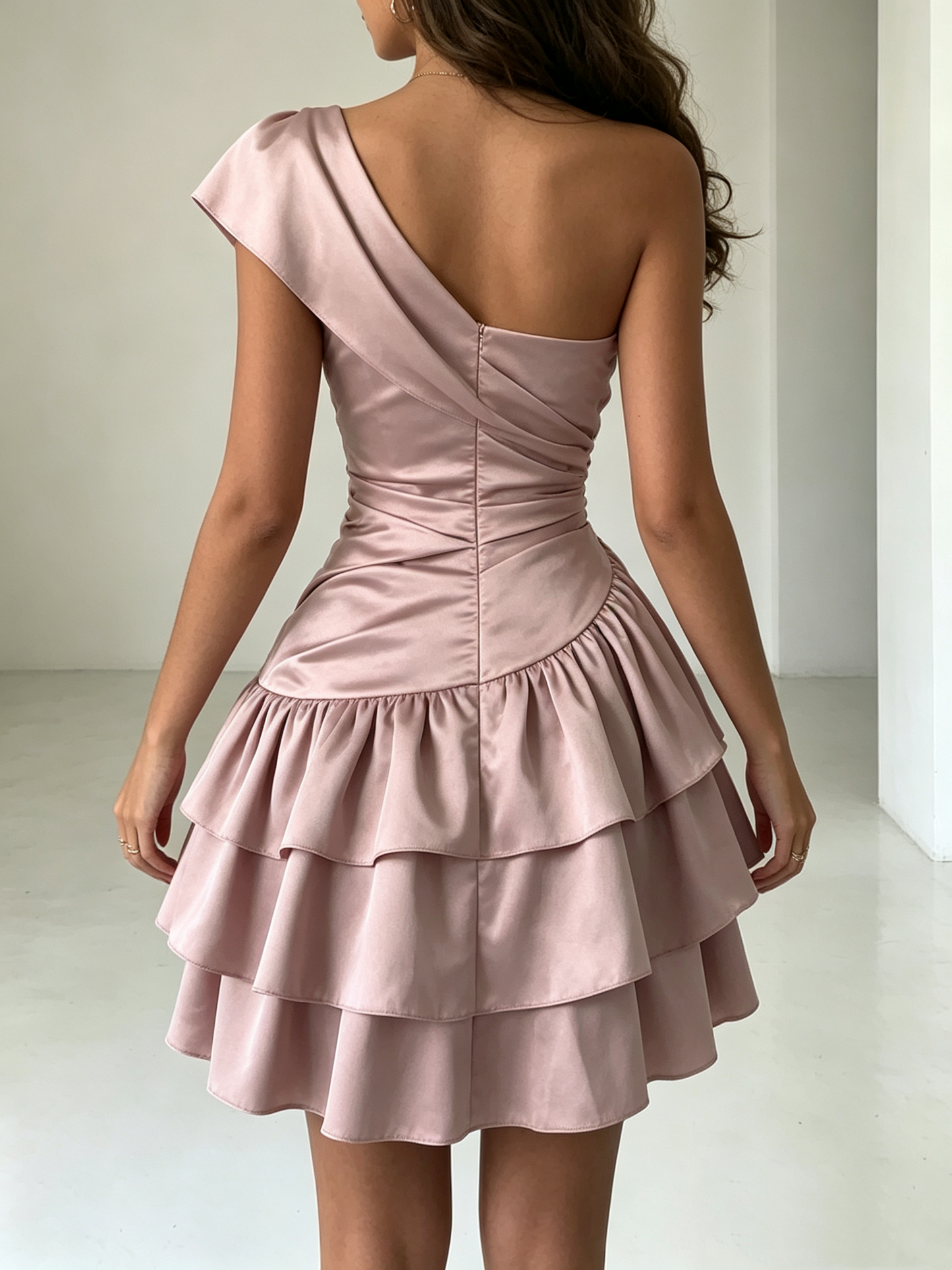 Elegant Pink One-Shoulder Satin Ruched Tiered Ruffle A-Line Homecoming Dress DP8692
