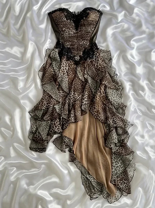 Vintage Leopard Print Strapless Ruffled Homecoming Dress Party Dress Cocktail Dress DP6666