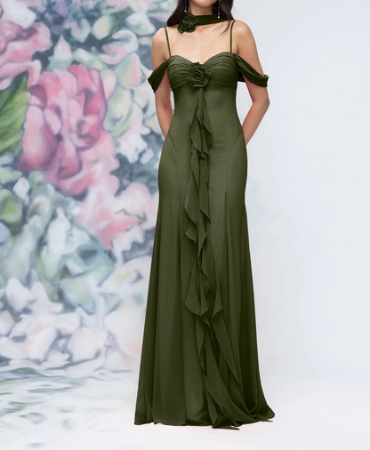 Elegant Off-the-Shoulder Spaghetti Strap 3D Floral Chiffon Neck Scarf Prom Dress DP8461