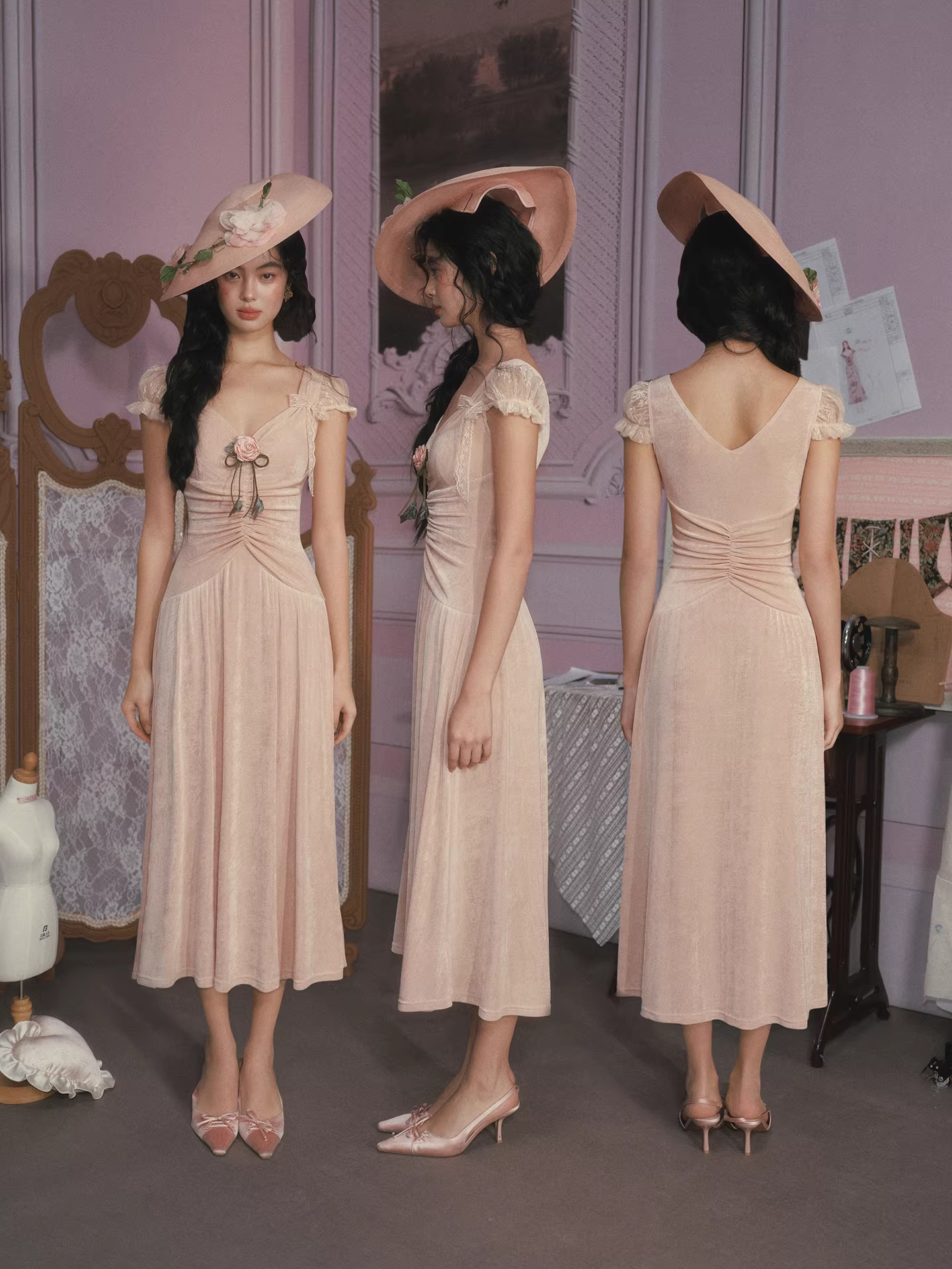 Vintage Pink Velvet Midi Gown 3D Floral Applique Ruching Evening Gown DP8004