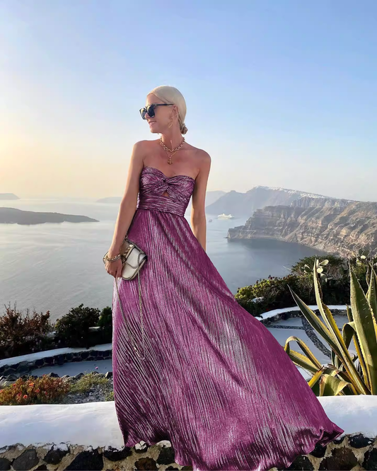Glamorous Strapless Purple Metallic Pleated Sweetheart Maxi Evening Dress DP8101