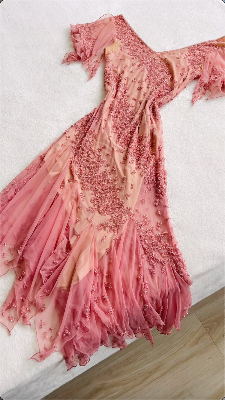 Vintage Rosa Chiffon Pailletten Ballkleid Etuikleid Off-the-Shoulder Abendkleid Langes Abendkleid DP6667