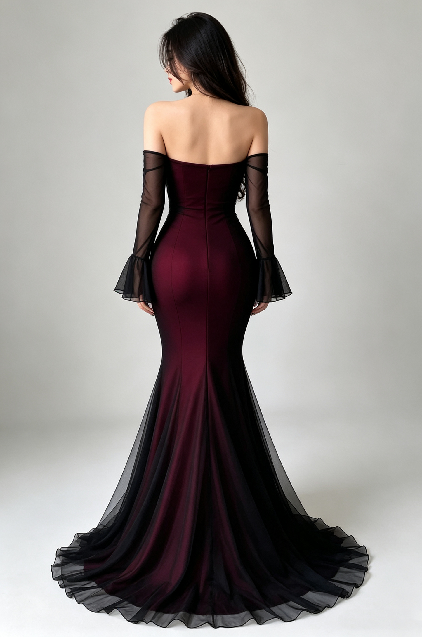 Elegant Burgundy Off-the-Shoulder Flare Mesh Long Sleeve Mermaid Ruched Tulle Prom Dress DP8784