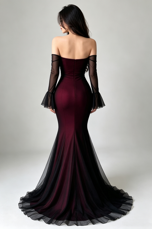 Elegant Burgundy Off-the-Shoulder Flare Mesh Long Sleeve Mermaid Ruched Tulle Prom Dress DP8784