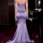 Elegant Lavender Off-the-Shoulder Satin Mermaid Long Train Evening Gown DP8711