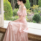 Elegantes pinkfarbenes, schulterfreies Satin-Rüschen-Oberteil A-Linien-Brautjungfernkleid DP8369
