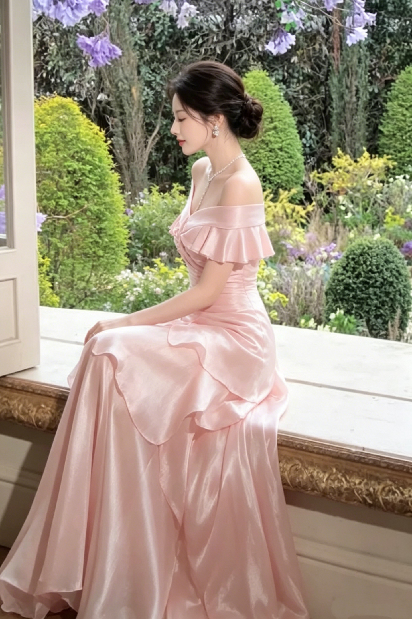 Elegantes pinkfarbenes, schulterfreies Satin-Rüschen-Oberteil A-Linien-Brautjungfernkleid DP8369