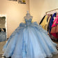 Robe de bal de quinceañera bleu clair glamour, bustier cœur, tulle à volants, broderie florale perlée scintillante DP7141