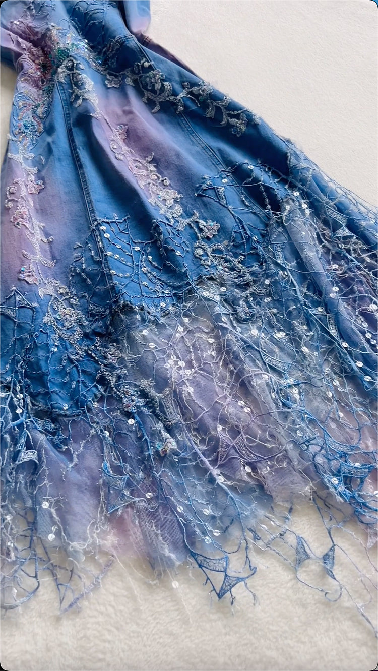 Vintage Blue Denim Sequin Applique Prom Dress A-Line Spaghetti Strap Evening Dress Long Formal Dress DP6670