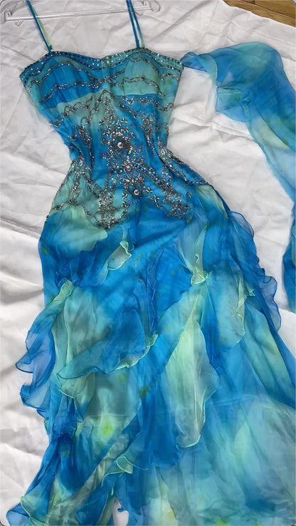 Robe de bal vintage en mousseline de soie bleue, robe de soirée fourreau à volants, robe de fée DP6654