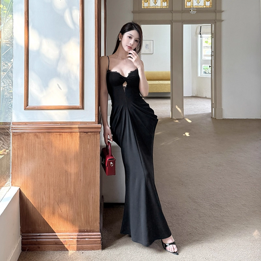 Bezauberndes schwarzes Sweetheart Spaghettiträger Plissee Meerjungfrau Ballkleid Abendkleid DP6408