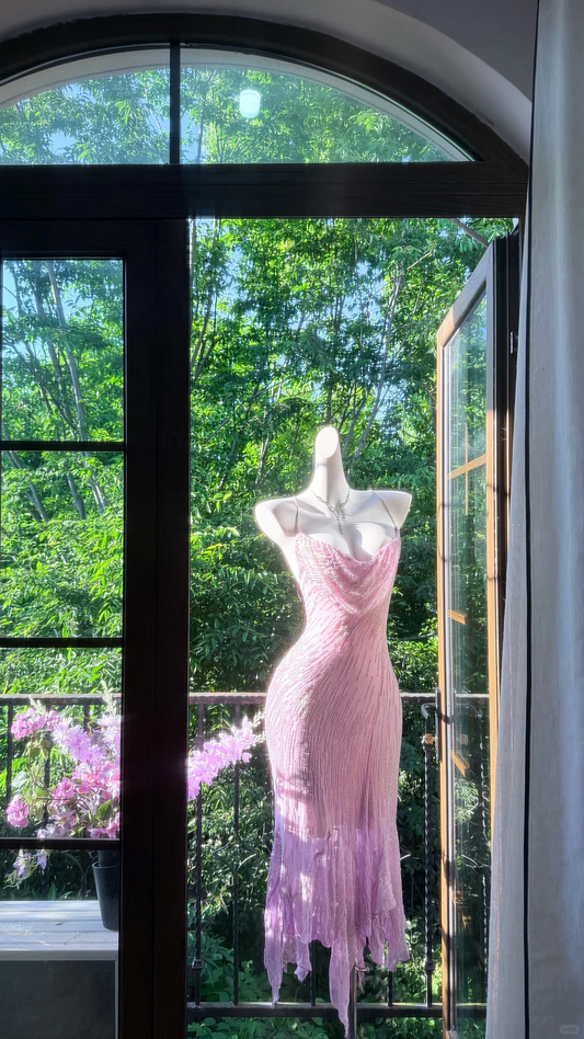 Sparkly Pink Beaded Cowl Neck Mermaid Evening Dress Irregular Ruffle Hem Prom Dress DP8302