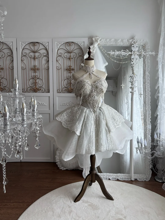 Fairycore White Halter Neck Corset Homecoming Dress Beaded Lace Short Tulle MIni Party Gown DP8300
