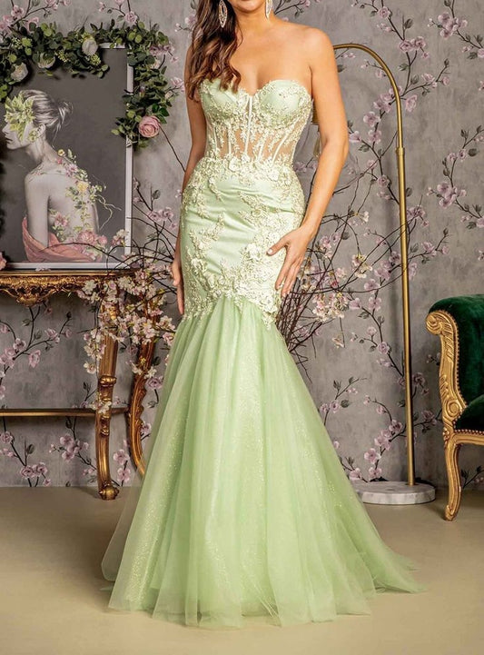 Vintage Sage Green Strapless Sweetheart Mermaid Lace Corset Bodic Evening Dress DP8089