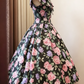 Cute Rose Floral Print Off-the-Shoulder Bow Tea-Length Homecoming Dress DP8383
