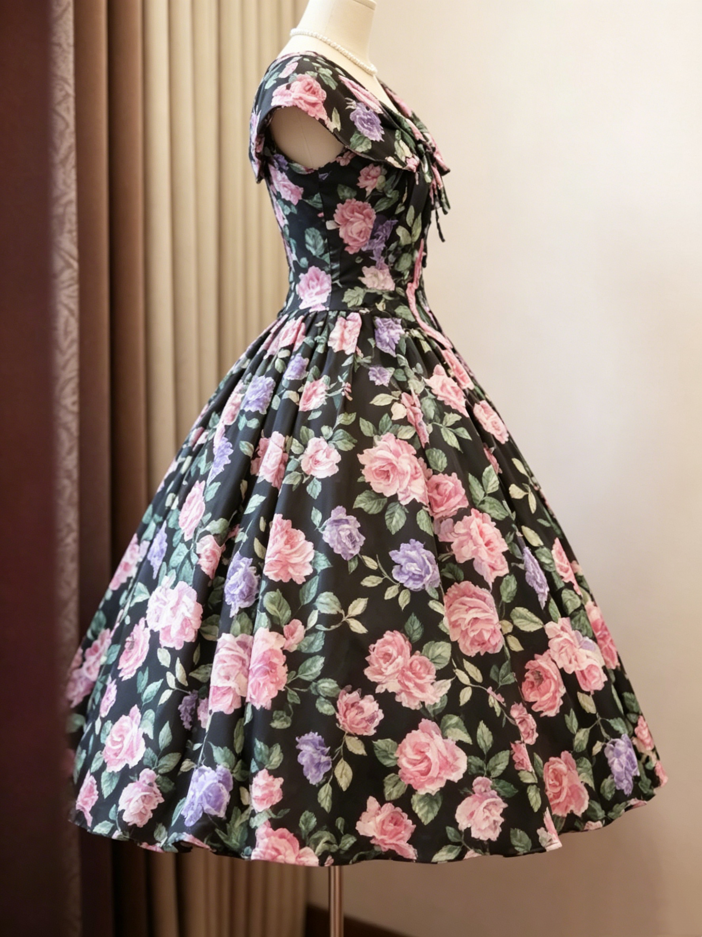 Cute Rose Floral Print Off-the-Shoulder Bow Tea-Length Homecoming Dress DP8383