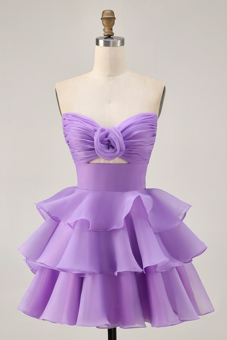Elegant Lavender Organza Strapless Sweetheart Mini 3D Rose Tiered Ruffle Short A-Line Homecoming Dress DP8729