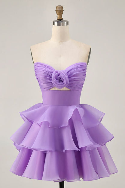 Elegant Lavender Organza Strapless Sweetheart Mini 3D Rose Tiered Ruffle Short A-Line Homecoming Dress DP8729