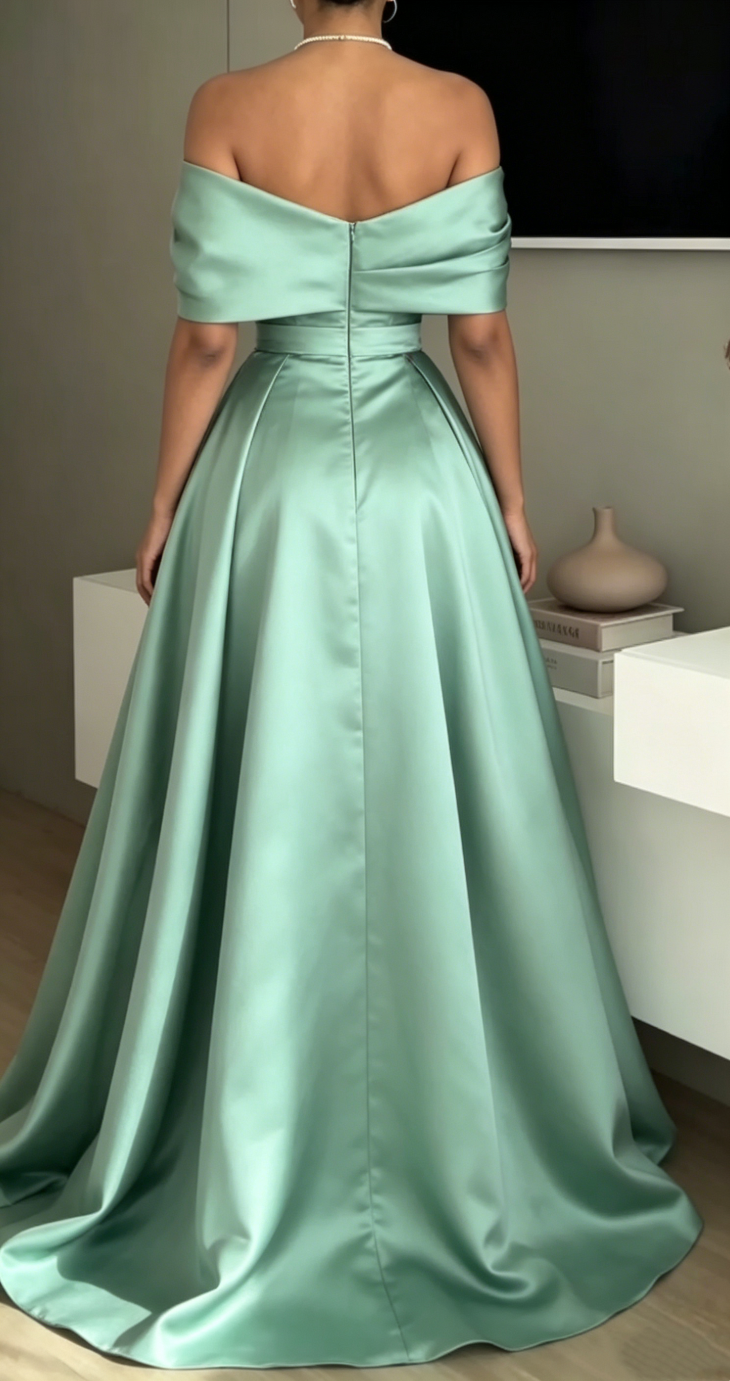 Elegant Sage Green Satin Off-the-Shoulder A-Line Evening Gown DP8561